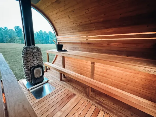 Traditional Finnish sauna interior with wooden benches, golden lighting, and gentle steam rising, demonstrating sauna health 